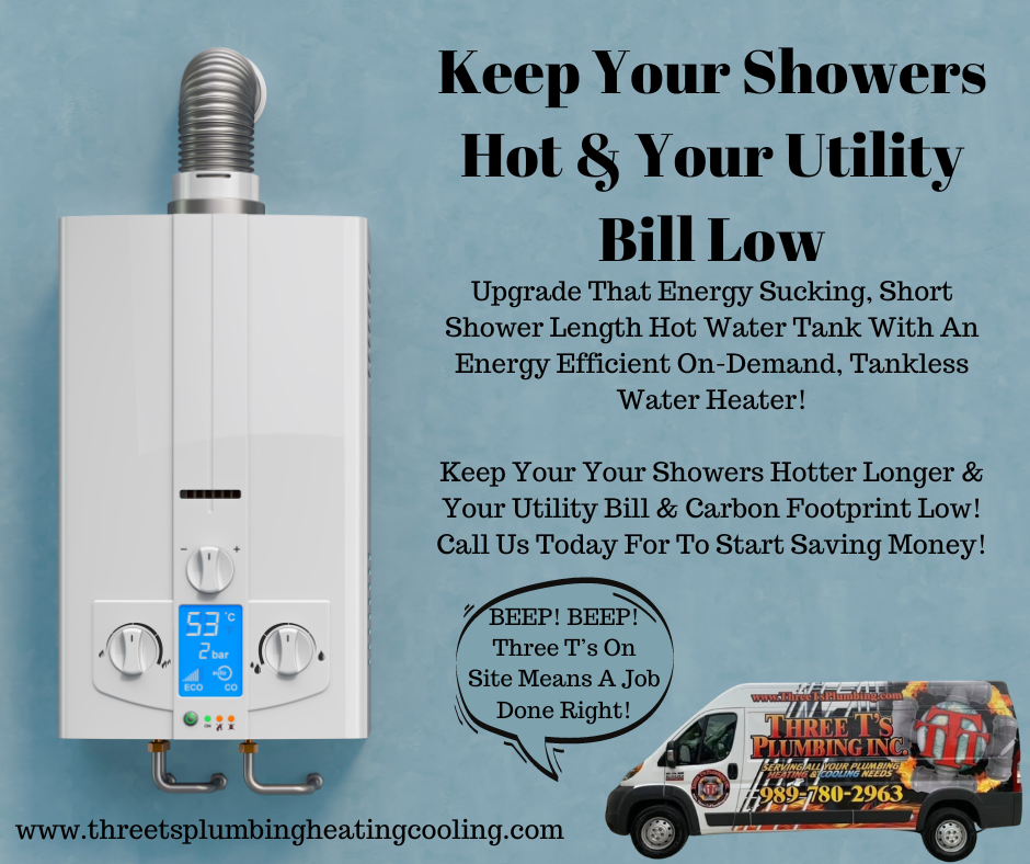 Upgrade your old hot water tank to an energy-efficient tankless water heater with Three T's Plumbing, Heating & Cooling. Enjoy endless hot water, lower utility bills, and a reduced carbon footprint. Contact us today!
